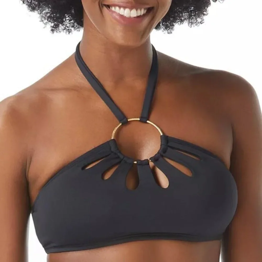 Vince Camuto Serengeti‎ Logo-Ring Cutout Halter Bikini Swim Top Black M